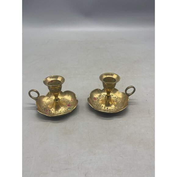 set of 2 Vintage Bedside Candlestick Portable holder made in India embossed READ - Picture 6 of 8